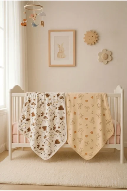 100% Cotton 2-Pack Baby Blanket Set 90x90 cm Beige