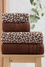 4-Piece Luxury Bath Towel Set - Leopard Print Brown Hammam Towel Collection