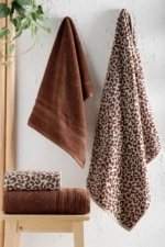 4-Piece Luxury Bath Towel Set - Leopard Print Brown Hammam Towel Collection - Image 2