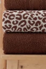 4-Piece Luxury Bath Towel Set - Leopard Print Brown Hammam Towel Collection - Image 4