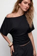 Black Asymmetric Slim Fit 97% Cotton Batwing Sleeve Blouse