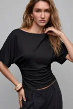 Black Asymmetric Slim Fit 97% Cotton Batwing Sleeve Blouse - Image 2