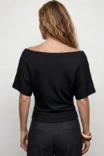 Black Asymmetric Slim Fit 97% Cotton Batwing Sleeve Blouse - Image 3