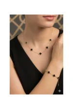 Clover Model Steel Necklace and Bracelet Jewelry Set - Black Design - Image 3