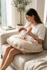 Double-Sided Newborn Nursing and Pregnancy Pillow with Washable Ruffled Cover Beige - Image 2
