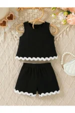 Girls Rickrack Trimmed Shorts and T-Shirt 2-Piece Summer Set - Black