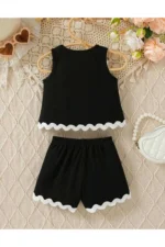 Girls Rickrack Trimmed Shorts and T-Shirt 2-Piece Summer Set - Black - Image 2
