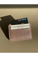 Luxury Pink Glitter Leather Card Holder - Stylish and Shiny Design