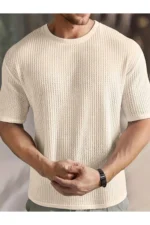 Men's Beige Waffle Fabric Crew Neck Short Sleeve T-Shirt