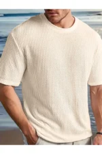 Men's Beige Waffle Fabric Crew Neck Short Sleeve T-Shirt - Image 2