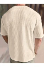 Men's Beige Waffle Fabric Crew Neck Short Sleeve T-Shirt - Image 3