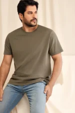 Men's Khaki 100% Cotton Slim Fit Crew Neck Basic T-Shirt