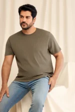 Men's Khaki 100% Cotton Slim Fit Crew Neck Basic T-Shirt - Image 3