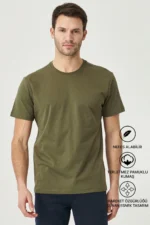 Men's Khaki 100% Cotton Slim Fit Crew Neck Basic T-Shirt - Image 4