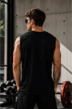 Men's Quick Dry Moisture Wicking Performance Athletic Sleeveless Sports T-Shirt Black - Image 2