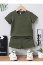 Men's Summer Cotton Waffle Knit 2-Piece Set with Pocket Detail - Khaki