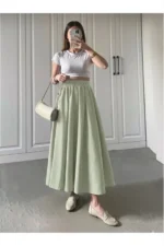 Mint Green Elastic Waist Double Fabric Skirt with Pockets