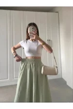 Mint Green Elastic Waist Double Fabric Skirt with Pockets - Image 2
