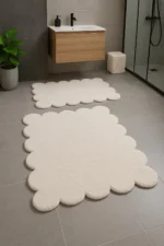 Modern Decorative Daisy Bathroom Rug and Toilet Mat Set - Non-Slip Cream Bath Mat Set (80x120 cm + 50x80 cm)