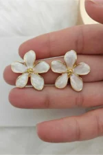 Mother of Pearl White 5-Petal Flower Gold Women's Earrings