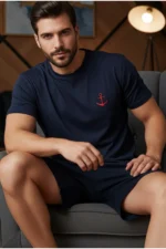Navy Blue Short Sleeve Knitted Embroidered Mens Pajama Shorts Set