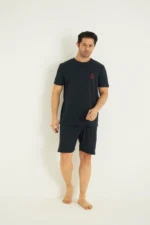 Navy Blue Short Sleeve Knitted Embroidered Mens Pajama Shorts Set - Image 2