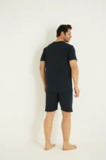Navy Blue Short Sleeve Knitted Embroidered Mens Pajama Shorts Set - Image 3