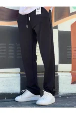 New Season Comfortable Fit Elastic Fabric Elastic Waist Black Baggy Trousers