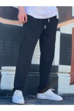 New Season Comfortable Fit Elastic Fabric Elastic Waist Black Baggy Trousers - Image 3