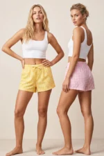 Pink Yellow 2-Piece Plaid Pattern Seasonal Lightweight Knit Pajama Shorts Set