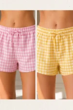 Pink Yellow 2-Piece Plaid Pattern Seasonal Lightweight Knit Pajama Shorts Set - Image 2