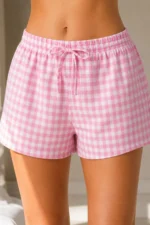Pink Yellow 2-Piece Plaid Pattern Seasonal Lightweight Knit Pajama Shorts Set - Image 3