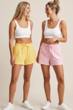 Pink Yellow 2-Piece Plaid Pattern Seasonal Lightweight Knit Pajama Shorts Set - Image 5