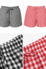 Red Black 2-Piece Plaid Pattern Seasonal Lightweight Knit Pajama Shorts Set - Image 2