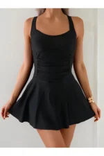 Ruched Skort Style Women's Dress Swimsuit with Chest Pads - Black New Season