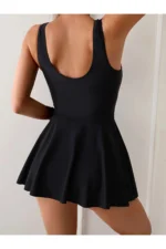 Ruched Skort Style Women's Dress Swimsuit with Chest Pads - Black New Season - Image 2