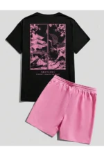Straight Towards Print Black T-Shirt and Pink Shorts Two-Piece Set