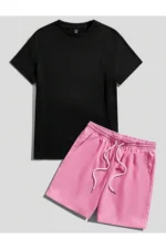 Straight Towards Print Black T-Shirt and Pink Shorts Two-Piece Set - Image 2
