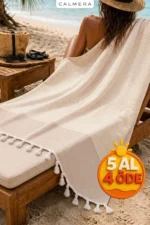 Striped Turkish Peshtemal Towel 100% Cotton Fringed Beach Pool Spa Gym Travel Blanket - Beige