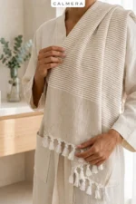 Striped Turkish Peshtemal Towel 100% Cotton Fringed Beach Pool Spa Gym Travel Blanket - Beige - Image 4