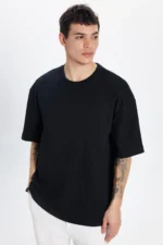 Unisex Black 100% Cotton Oversized Fit Crew Neck Basic T-Shirt - Image 3