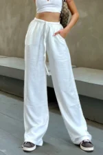 White Linen Blend Wide-Leg Trousers - Loose Fit Summer Casual Pants