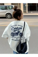 White Motorcycle Print Short Sleeve Oversize Graphic T-Shirt