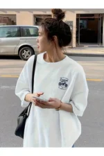 White Motorcycle Print Short Sleeve Oversize Graphic T-Shirt - Image 2