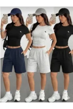 Women's 3-Pack Oversized Relaxed Fit Bermuda Shorts Set Black Grey Navy Breathable