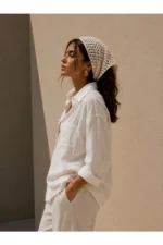 Women's Beige Mesh Knit Bandana - Summer Open-Work Crochet Headband & Beach Hair Accessory