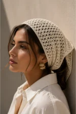 Women's Beige Mesh Knit Bandana - Summer Open-Work Crochet Headband & Beach Hair Accessory - Image 2