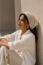 Women's Beige Mesh Knit Bandana - Summer Open-Work Crochet Headband & Beach Hair Accessory - Image 3