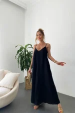 Women's Black Aerobin Fabric Adjustable Strap Long Dress - Image 2
