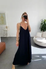 Women's Black Aerobin Fabric Adjustable Strap Long Dress - Image 5